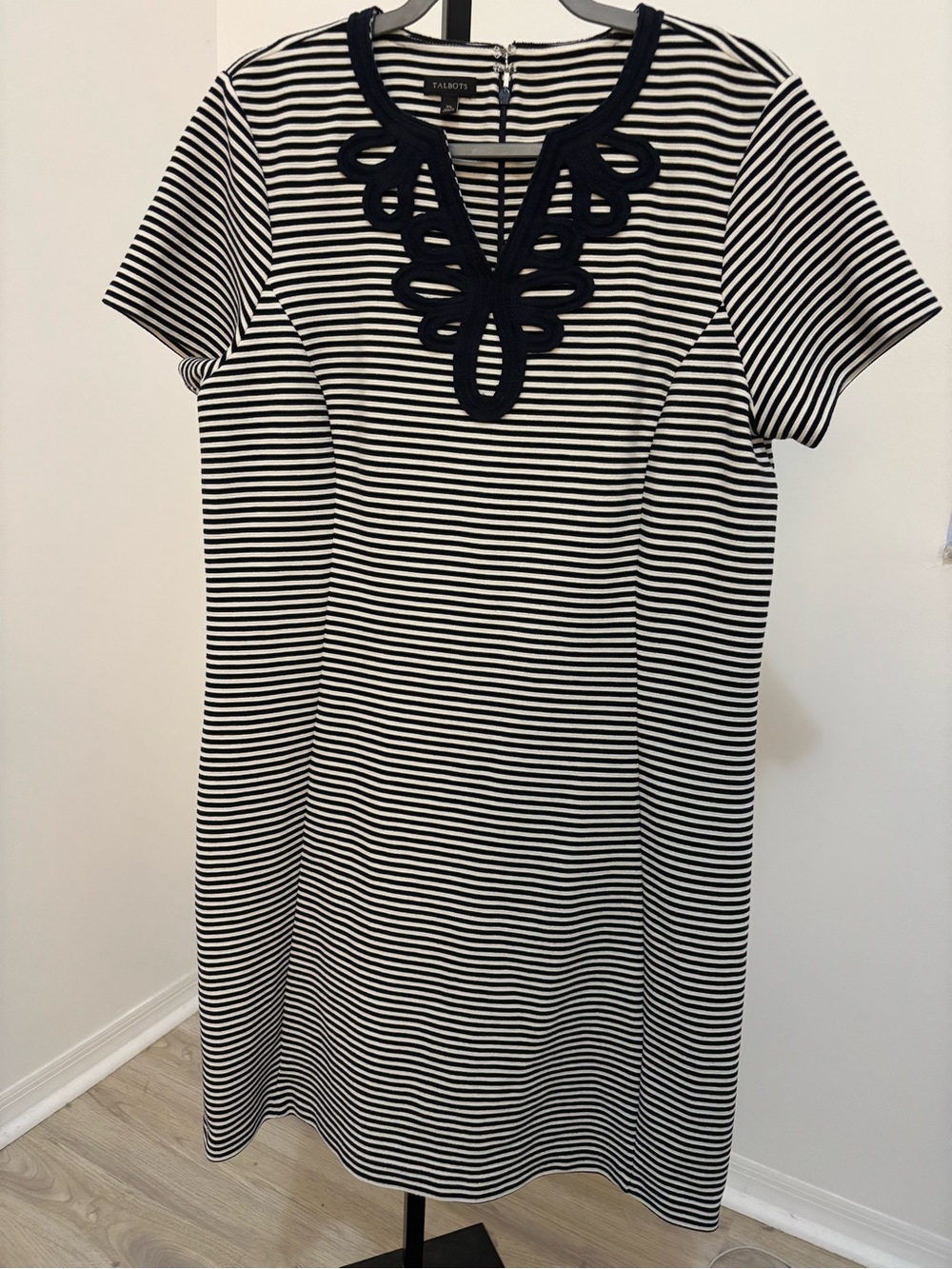 Talbots Black and White Striped Short Sleeve Dress with Decorative Neckline